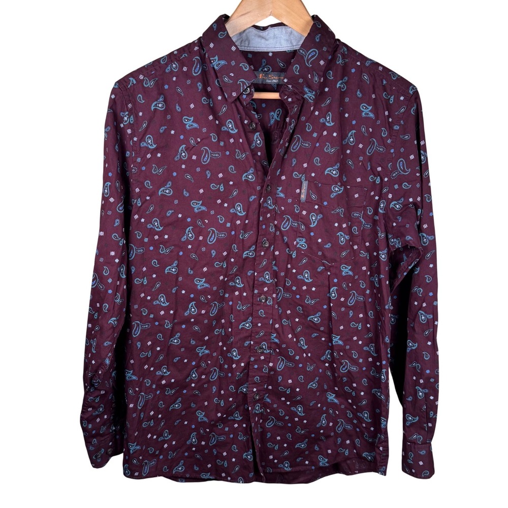 Ben Sherman Paisley Button Down Men Medium Burgundy Preppy Long Sleeve Shirt